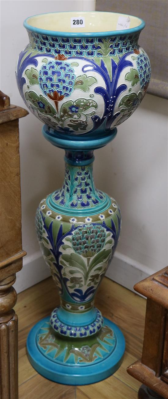 A Burmantofts faience Isnik style jardiniere and stand, c.1900, impressed marks including model numbers 2096 total height 84.5cm